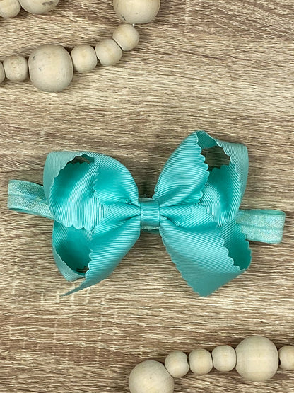 Aqua Scalloped Classic Size Bow Headband