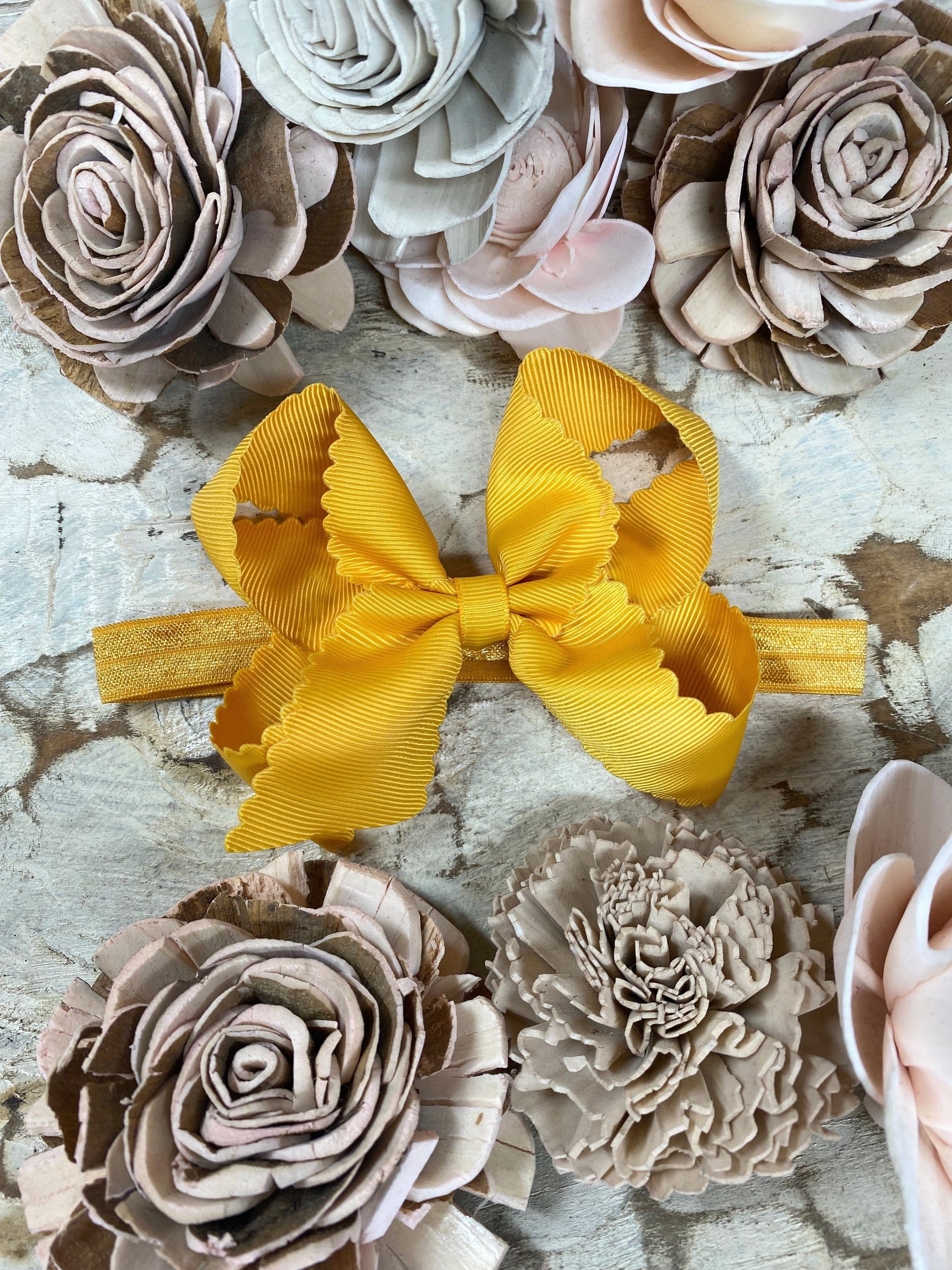 Mustard Scalloped Classic Size Bow Headband