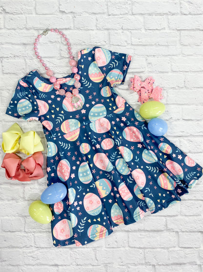 Festive decorative easter egg pattern navy short sleeve twirl dress.