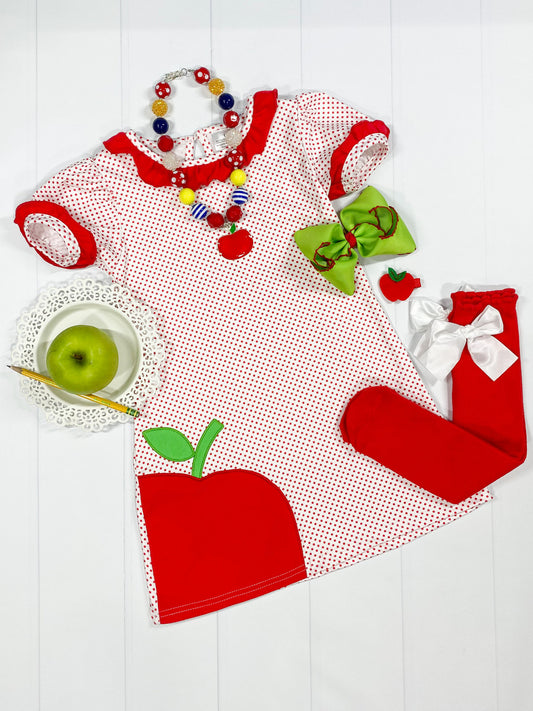 White with red polka dots and apple dress with red detailing