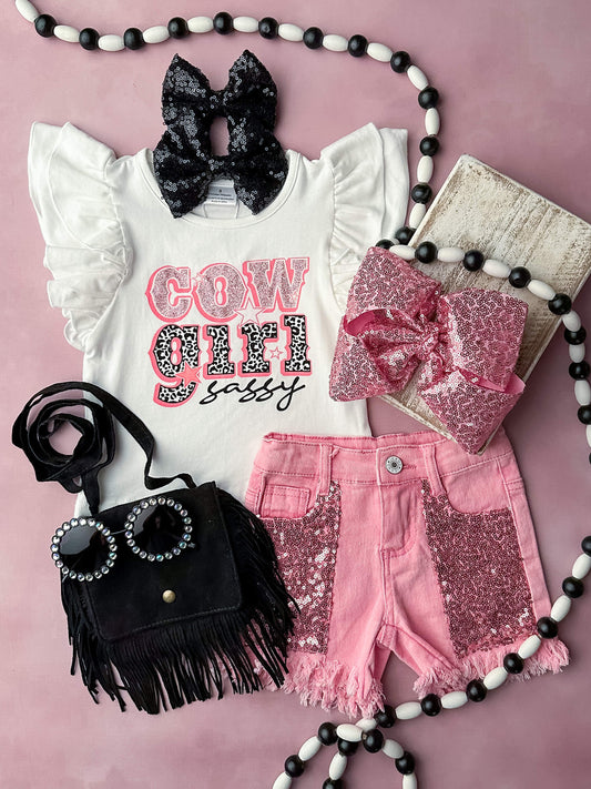 White & Cowgirl Sassy Print Top With Pink Sequin Shorts