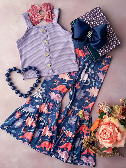 Lilac Top & Blue Dinosaur Print Bell Pants Set