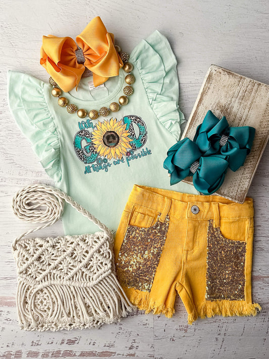 Mint With God & Sunflower Print Top & Yellow Sequins Shorts Set
