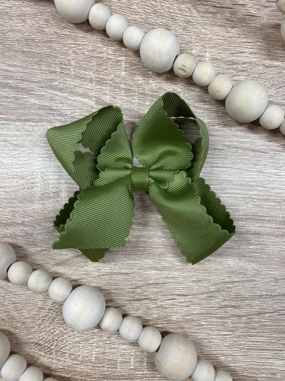 Olive Scalloped Classic Size Bows with Alligator Clip