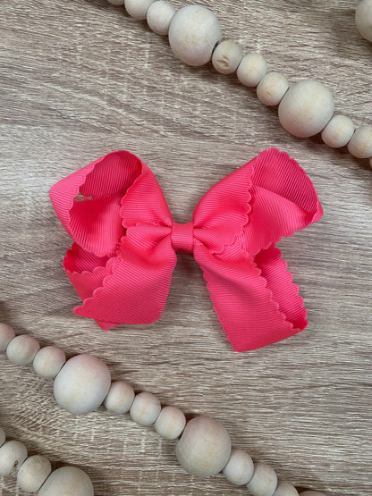 Neon Pink Scalloped Classic Size Bows with Alligator Clip