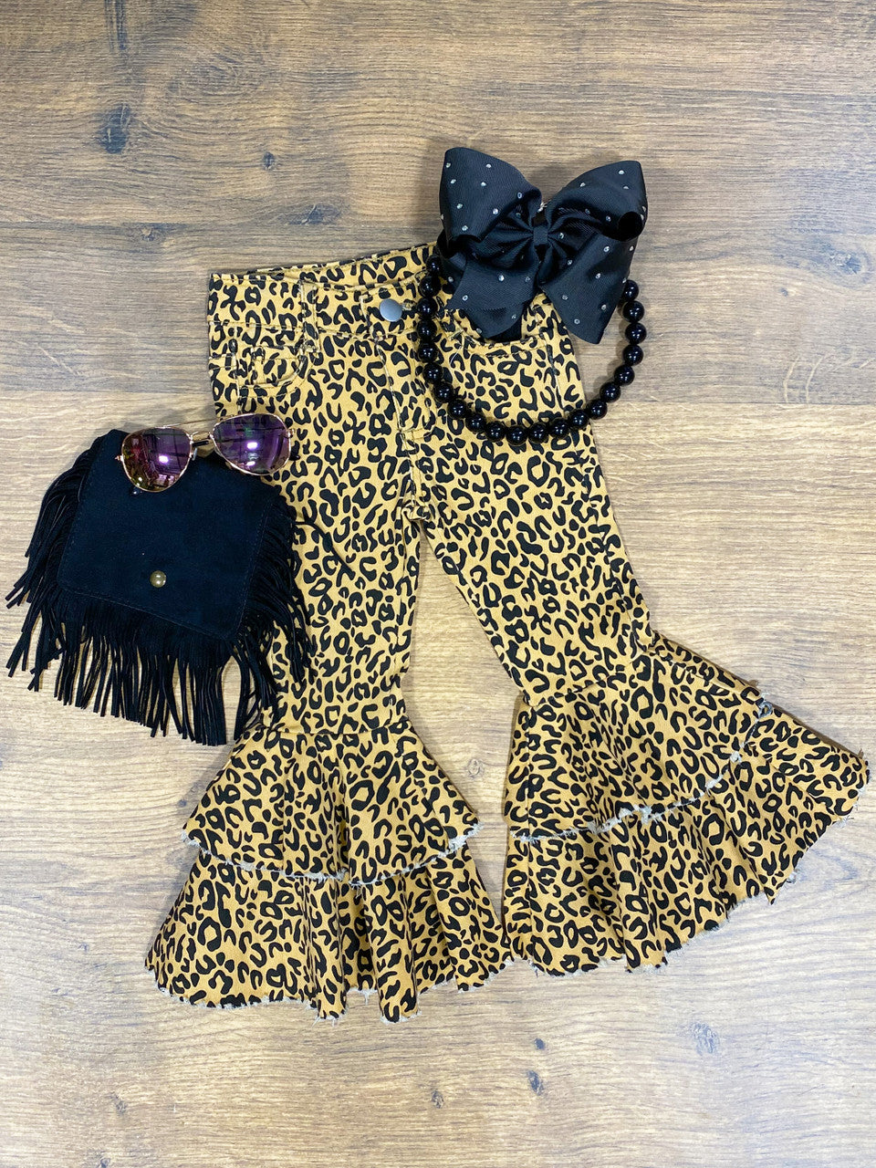 Animal Print Double Ruffle Jean Bell Bottoms.