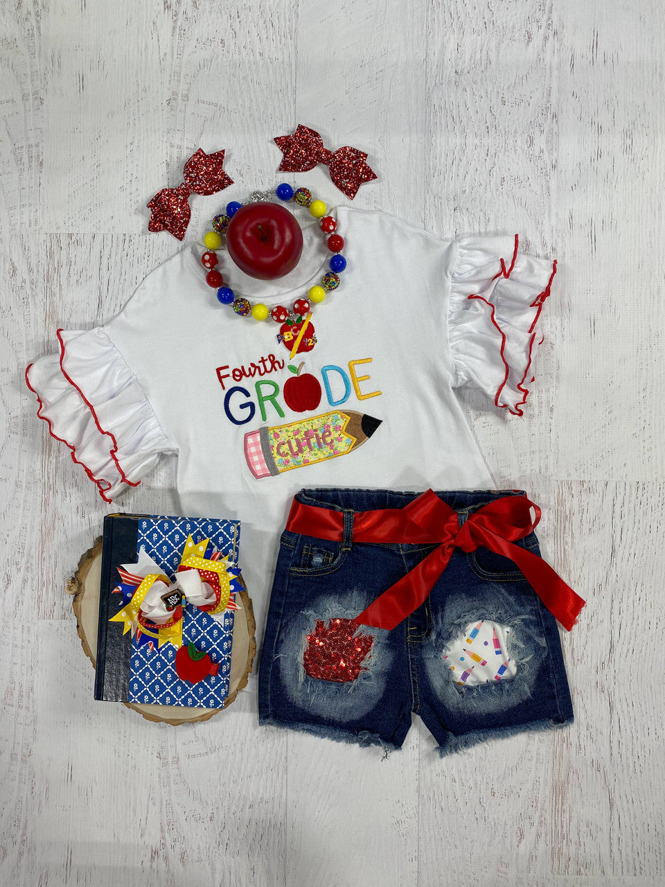 Fourth grade cutie embroidery ruffle sleeve shirt with denim patchwork shorts. 