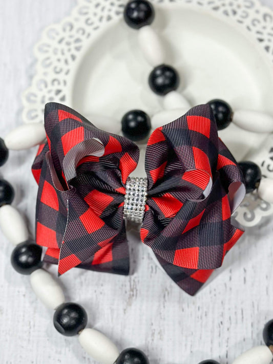 Red and black buffalo plaid oversized hair bow