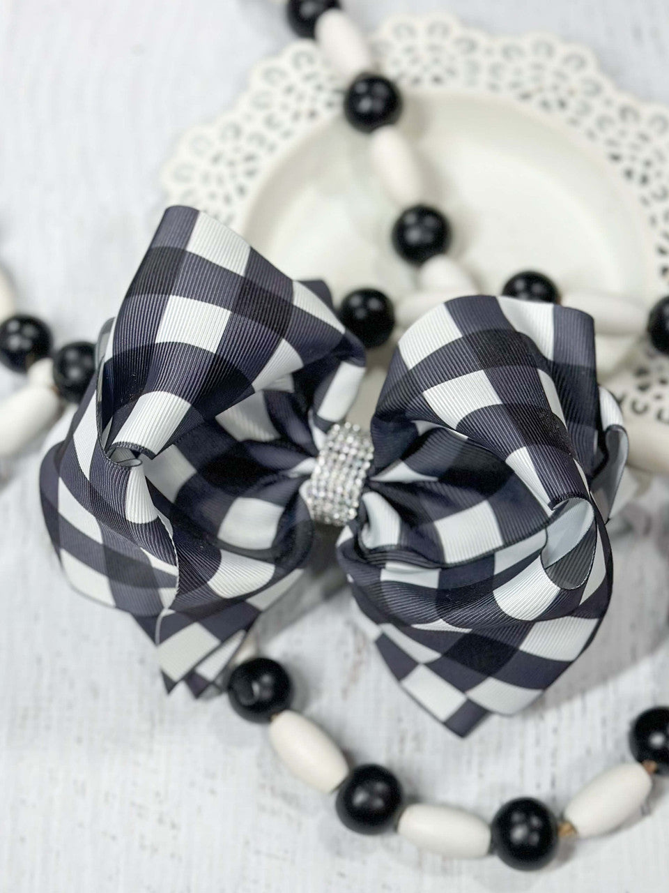 Black and white buffalo plaid Texas size hair bow