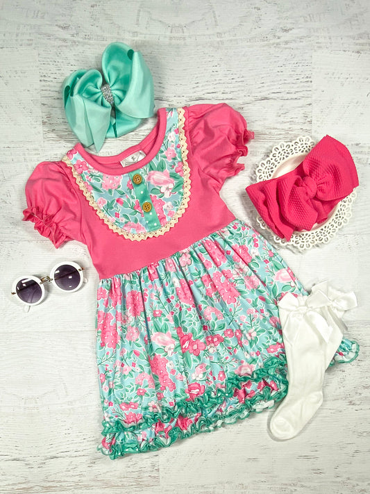 Pink & Aqua Floral Ruffle Dress