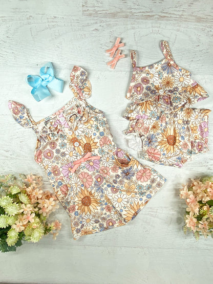 Groovy Floral Print Romper with matching baby romper