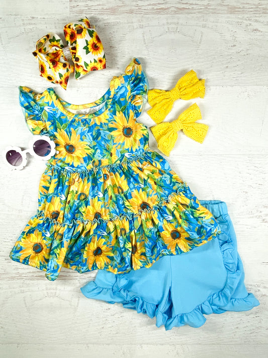 Blue Sunflowers Tiered Top & Shorts Set