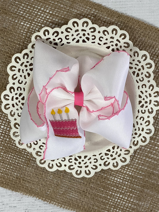 Birthday Cake Embroidered Moonstitch Hair Bow