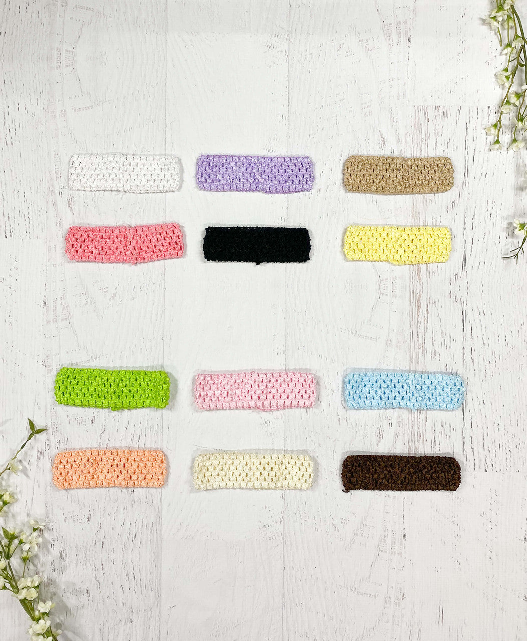 Basic 1.5" Crochet Headband 12-Pack Includes: White, Light Pink, Bubblegum Pink, Lavender, Light Blue, Peach, Light Yellow, Lime, Oatmeal, Chocolate, Ivory, and Black