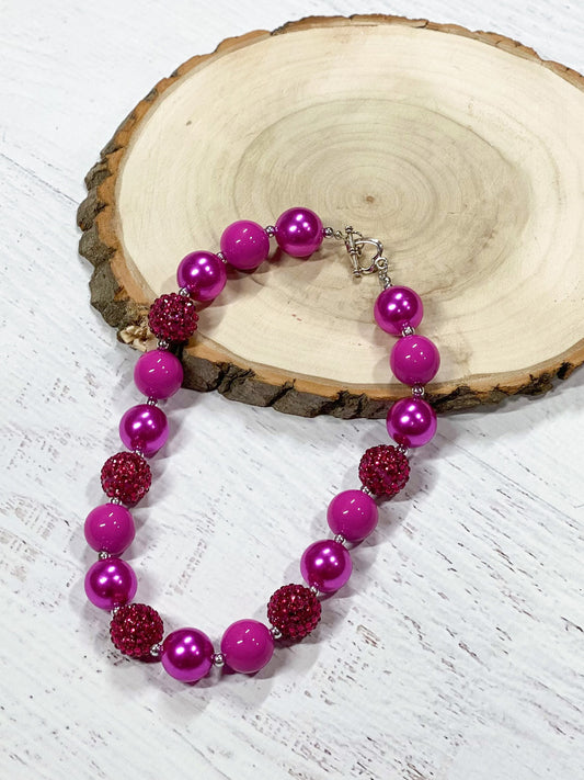 Hot pink rhinestone chunky bead necklace, measures approximately 17"