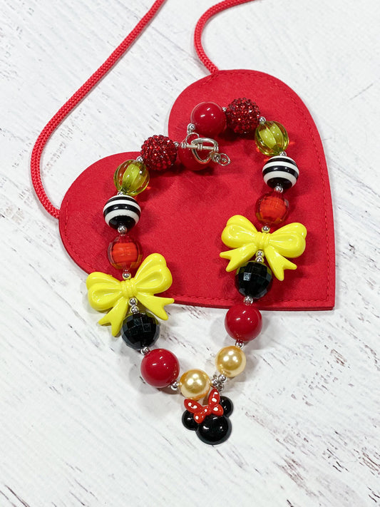 Minnie mouse pendant necklace with yellow bows and red, black and yellow chunk beads