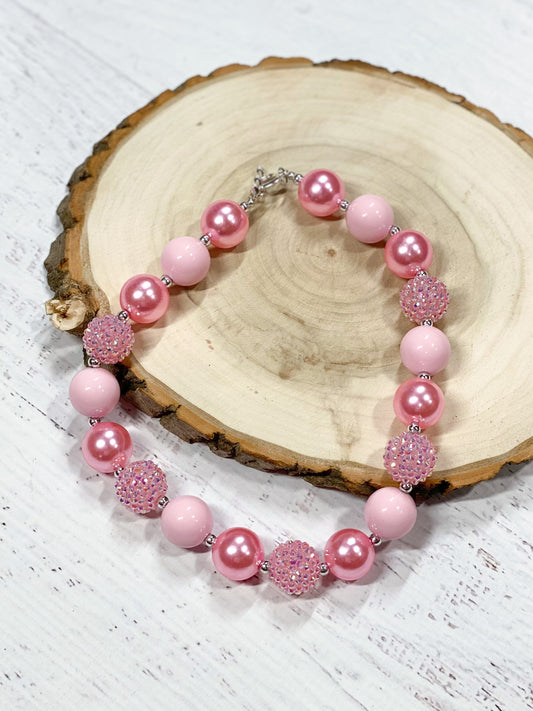 Pink Rhinestone Chunky Bead Necklace, approximately 17"