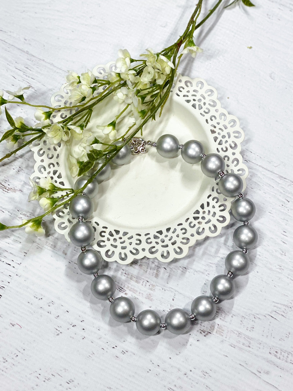 Silver chunky bead necklace, approximately 17"