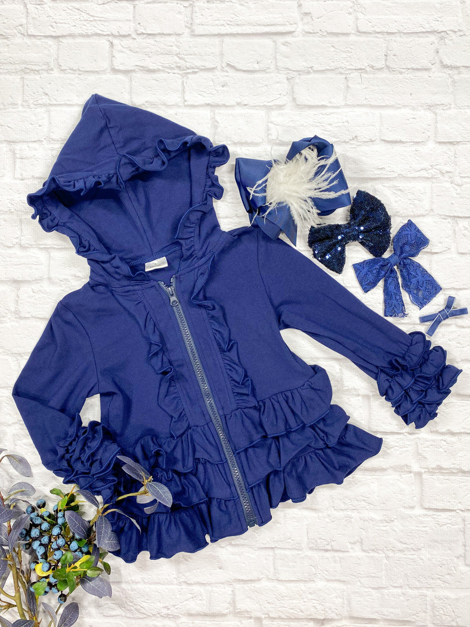 navy ruffled zip up jacket with hoodie