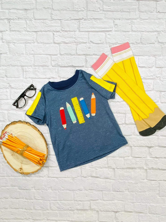 pencils and ruler blue shirt