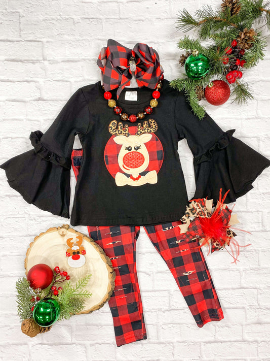 Black bell sleeve top with sweet reindeer design, paired with red buffalo plaid slashed leggings