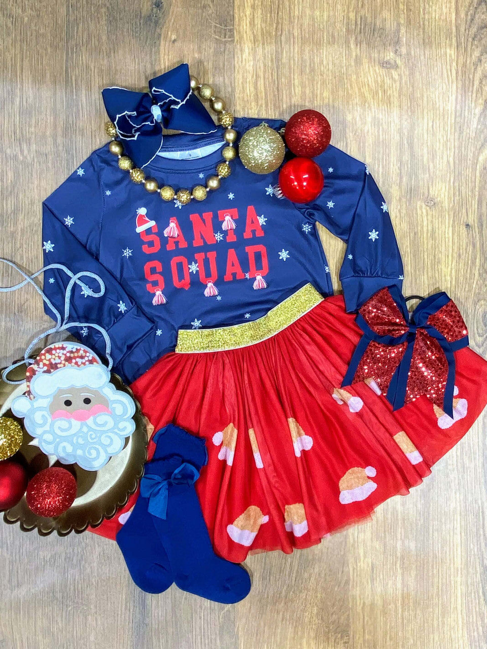 santa squad blue shirt with red santa hat tutu