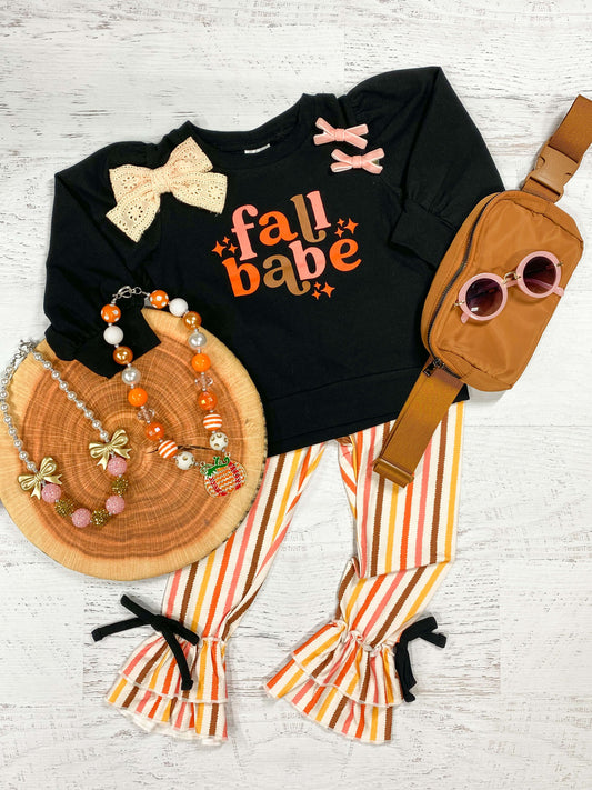 black "fall babe" screen print sweatshirt with adorable striped ruffled pants