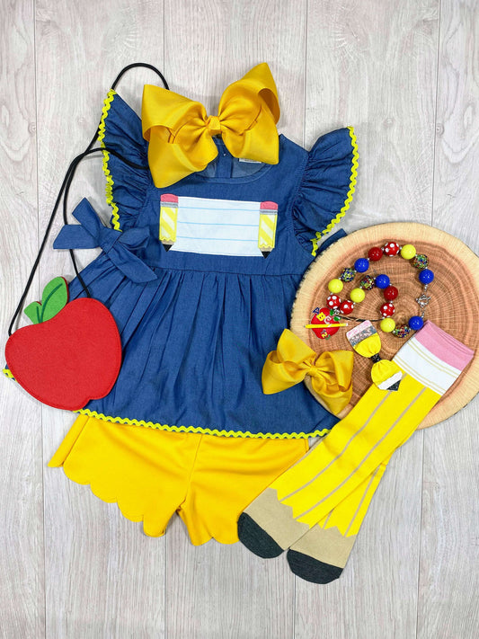 denim ruffled pencils and paper top with yellow shorts set
