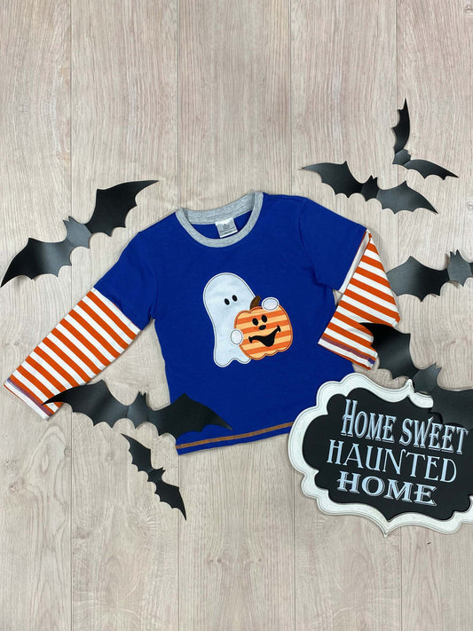 blue pumpkin and ghost shirt with orange and white striped sleeves