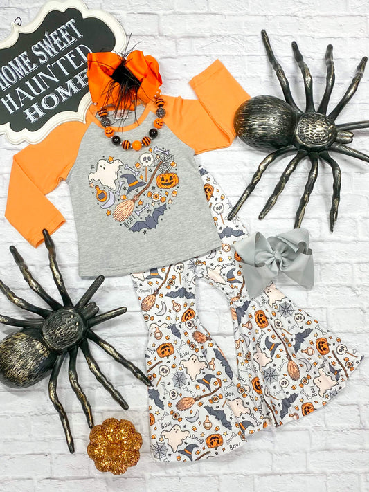 gray and orange flared pants set with many halloween designs