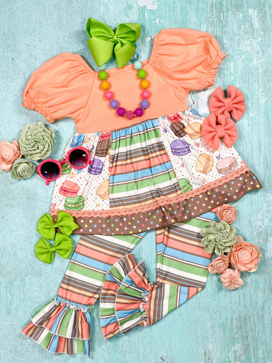 multi-colored striped pants set with macarons and puff sleeves