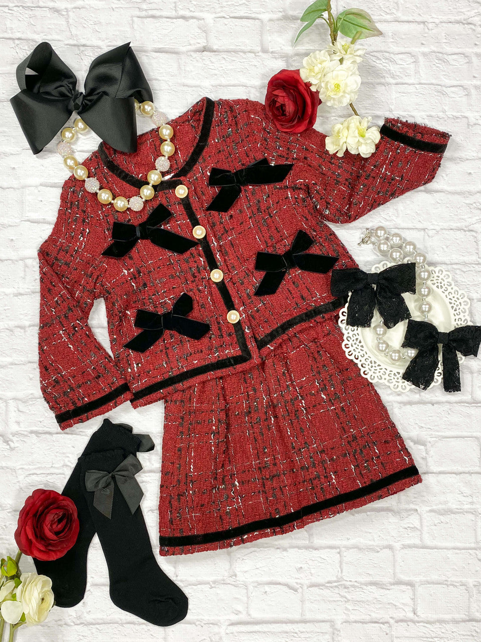 tweed red skirt set