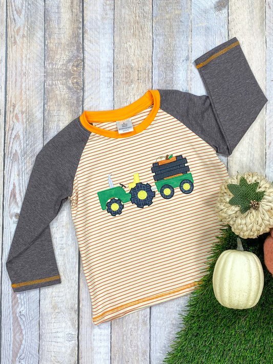 boys tractor and pumpkin striped tee