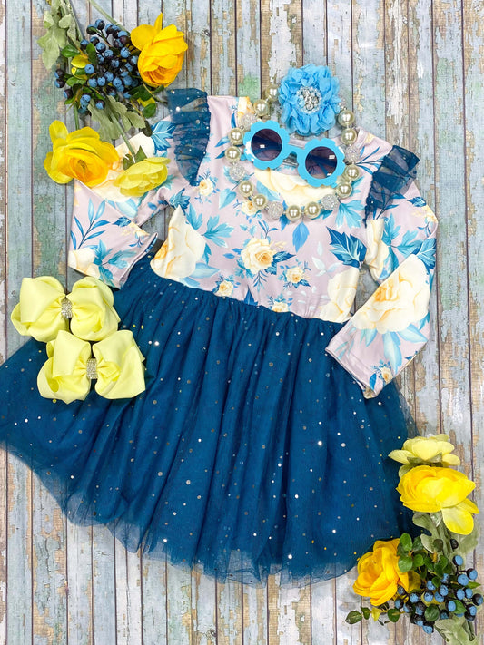 Floral Blue Sparkles Tutu Dress