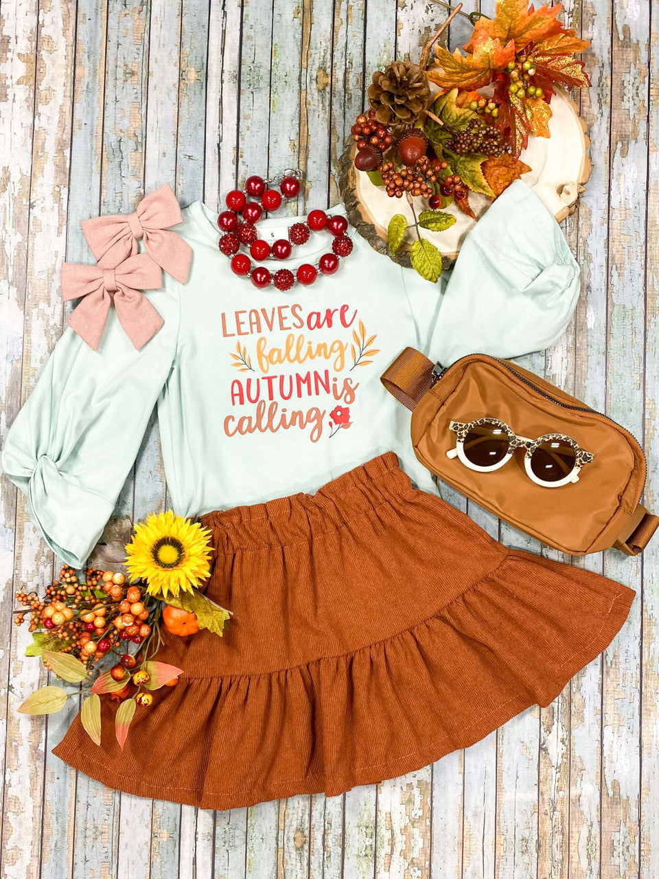 Leaves are falling autumn is calling screen print top with adorable brown skirt set