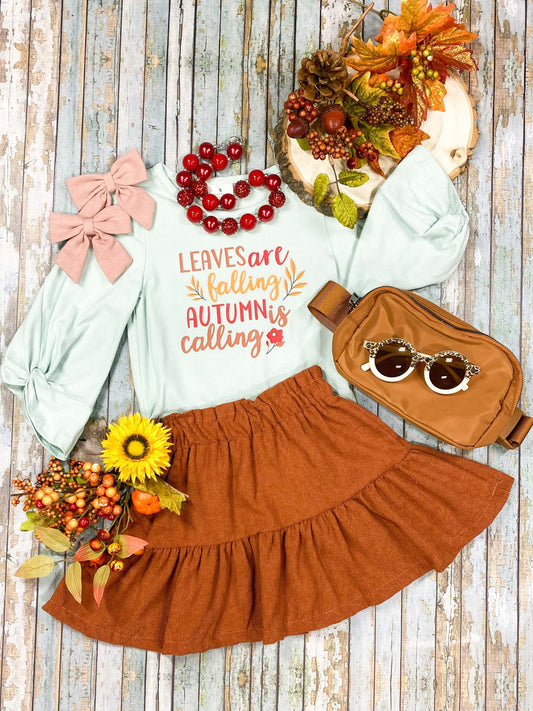 Leaves are falling autumn is calling screen print top with adorable brown skirt set