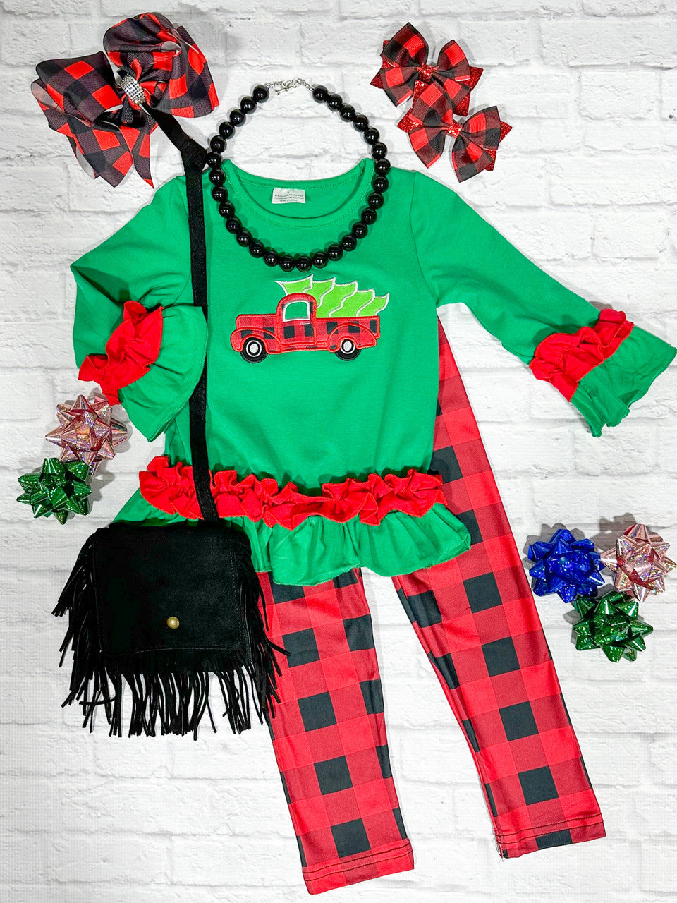 christmas tree truck ruffled tunic and leggings set