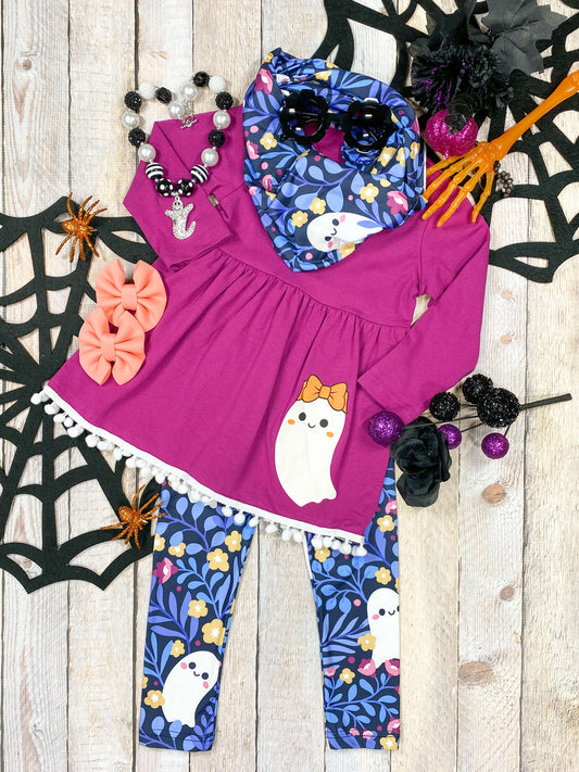 cute ghost purply top with cute ghost scarf and leggings set 