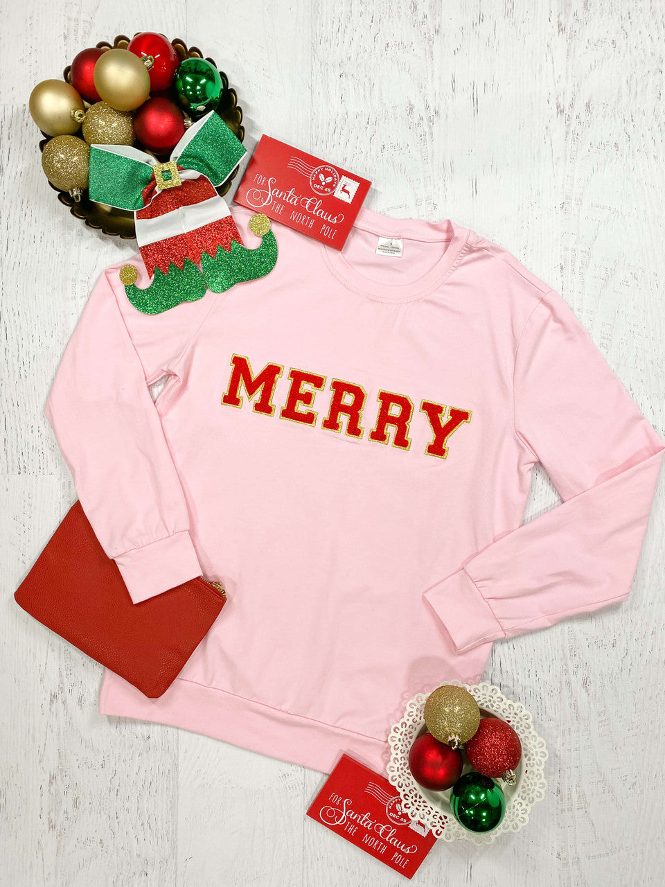 mommy and me pink "merry" red screen print chenille sweatshirt - Womens