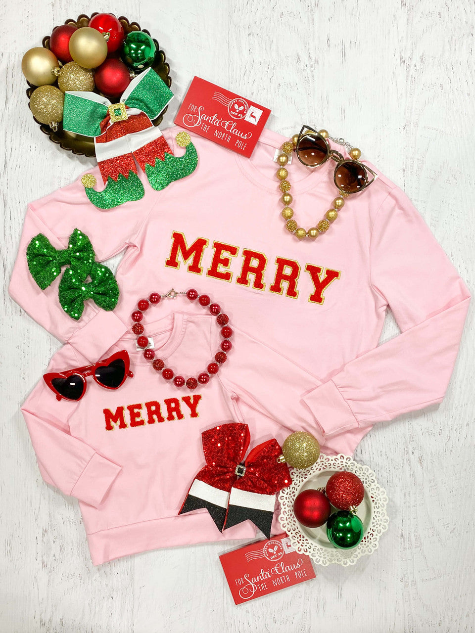 mommy and me pink "merry" red screen print chenille sweatshirt