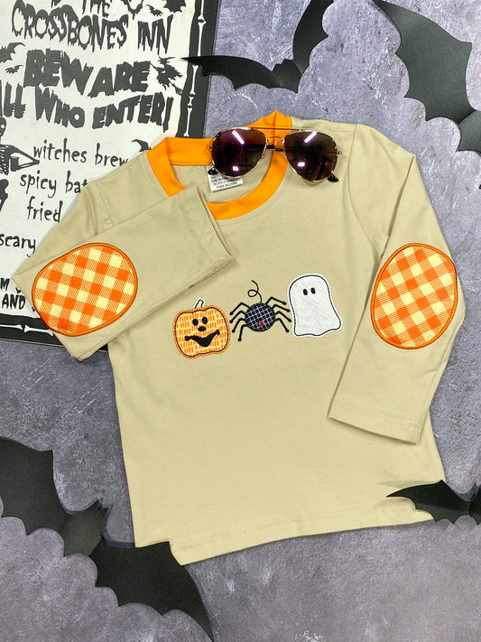 beige and orange shirt with jack-o-lantern, spider, and ghost 