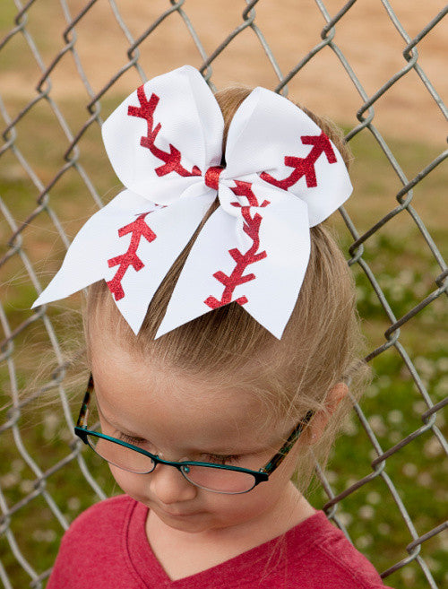 Baseball Cheer bow shown on model.