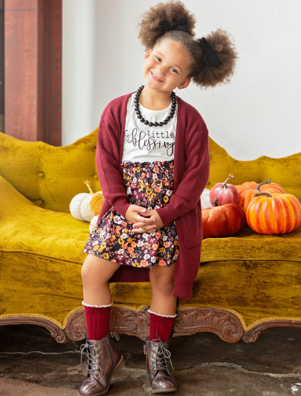 Little Blessing Long Sleeve Shirt and Fall Floral Skirt on model