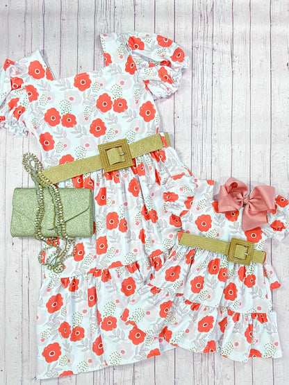 Mommy & Me Pink & Orange Poppies Belted Dress