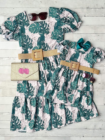 Mommy & Me Tropical Leaf Belted Dress