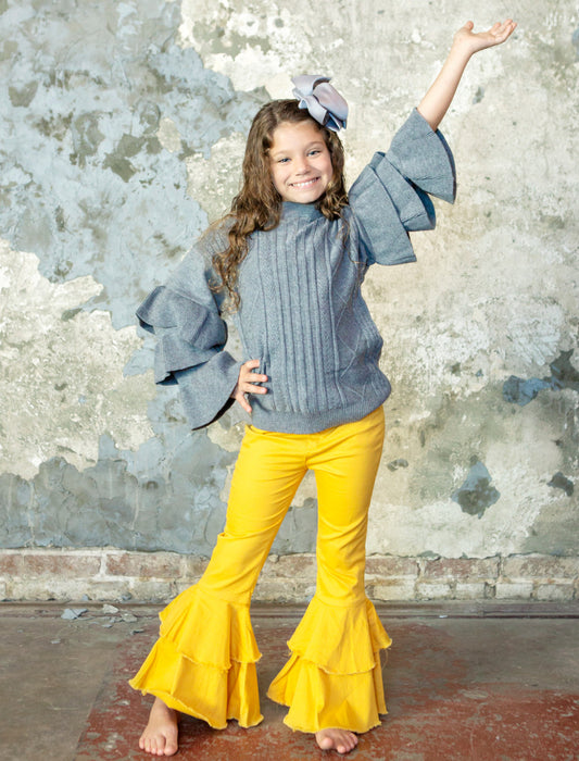 Denim Mustard Double Ruffle Bell Bottoms on model