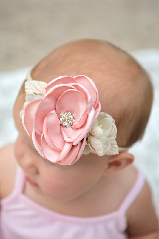 Layered Pink Petal Flower Headband On Model