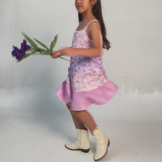 video of a model wearing our Purple Flower Dreams Tiered Dress