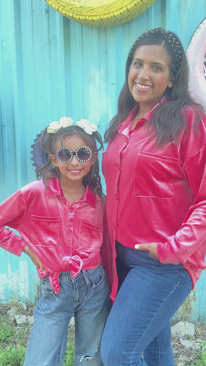 video of mom and me pink velvet tops on models