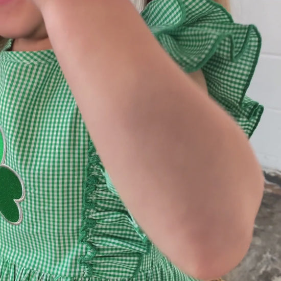 video of a model wearing our Embroidered Clover Green Gingham Dress